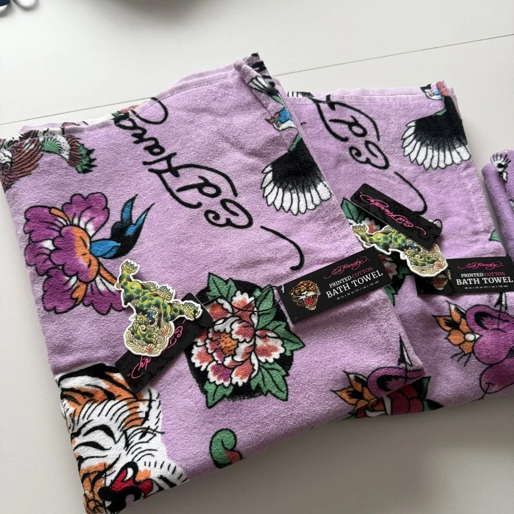 Ed Hardy Purple Bath Towel 4 Piece Set, 100% Cotton 2 Bath Towels 2Hand Towels
